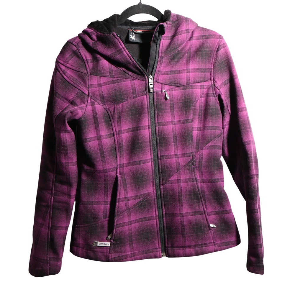 Spyder Womens Plaid Fleece Lined Hooded Jacket Purple Black Size Small Outdoor‎